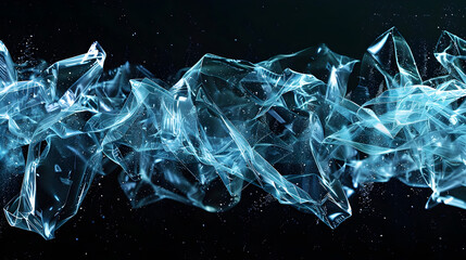 A translucent image of crushed plastic bottles with pulsating digital lines representing the recycling process, against a pitch - black background. - obrazy, fototapety, plakaty