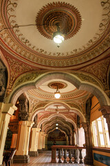 Fototapeta premium Interior view of Mysore Palace, Indian Traditional Architecture of Mysore Royal Palace Inside or view, Travel and tourism concept image, Tourist place to visit in Karnataka, India.