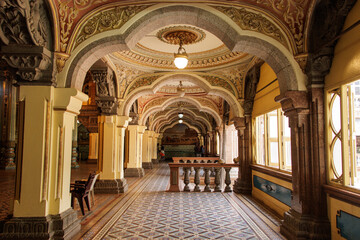 Fototapeta na wymiar Interior view of Mysore Palace, Indian Traditional Architecture of Mysore Royal Palace Inside or view, Travel and tourism concept image, Tourist place to visit in Karnataka, India.