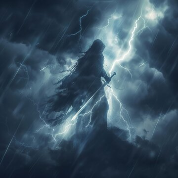 Lightning illuminates a sinister figure sword in hand