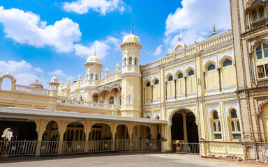 Fototapeta na wymiar Beautiful view of royal Mysore Palace, also known as Amba Vilas Palace, is a historical palace and a royal residence. It is located in Mysore, Karnataka, India
