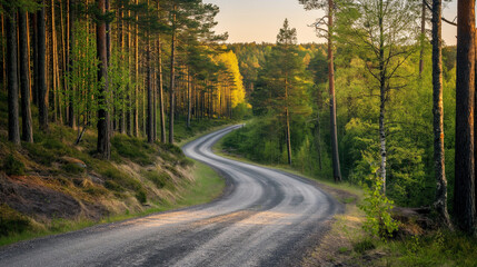 Fototapeta premium Swedish landscape in the early morning light of spring. Gravel road winds through evergreen forest, sunlight casting long shadows.