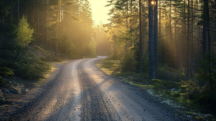 Fototapeta premium Swedish landscape in the early morning light of spring. Gravel road winds through evergreen forest, sunlight casting long shadows.
