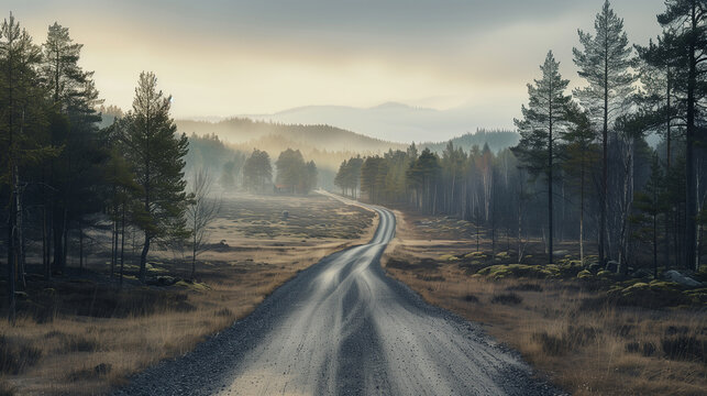 Swedish landscape in the early morning light of spring. Gravel road winds through evergreen forest, sunlight casting long shadows.