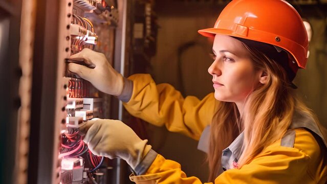A female commercial electrician at work on a fuse box, demonstrating professionalism.