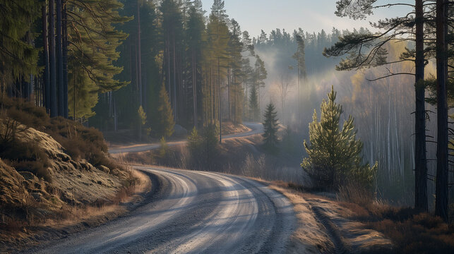 Swedish landscape in the early morning light of spring. Gravel road winds through evergreen forest, sunlight casting long shadows.
