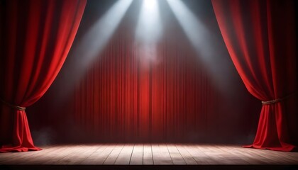 Empty theater stage with red curtains, spotlight beams, and smoke against a dark background - obrazy, fototapety, plakaty