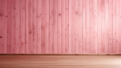 Soft pink vertical wooden wall with a contrasting light wood floor, creating a warm, inviting space.