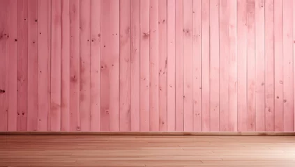 Fotobehang Soft pink vertical wooden wall with a contrasting light wood floor, creating a warm, inviting space. © Sascha