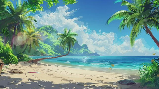 Animated seamless looping of tropical coastline and sea wave with coconut trees, cartoon painting illustration style. Generative AI