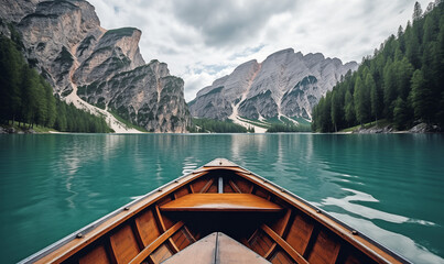 Lago di Braies Alpine Lake with a Canoe on Clear Waters and Mountain Backdrop