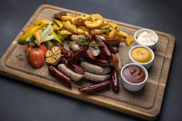 Snacks with sausages, cheese and crackers on a wooden board