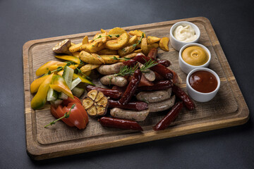 Snacks with sausages, cheese and crackers on a wooden board