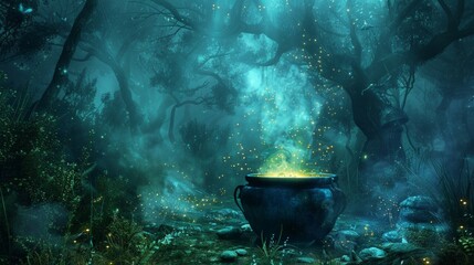 Boiling cauldron with mysterious decoction on campfire at night witch sabbath. Illustration for a fairy tale - obrazy, fototapety, plakaty