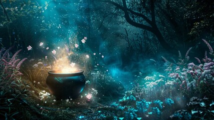 Boiling cauldron with mysterious decoction on campfire at night witch sabbath. Illustration for a fairy tale
