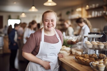Down syndrome persona, resilience and positivity, radiant joy, genuine smile.