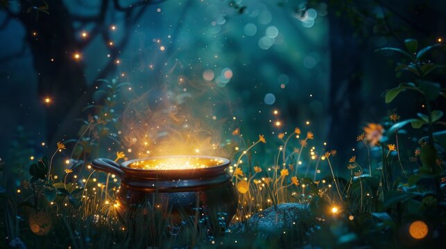 Boiling cauldron with mysterious decoction on campfire at night witch sabbath. Illustration for a fairy tale
