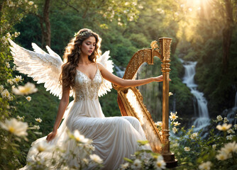 A beautiful angel woman playing the harp in heaven paradise.