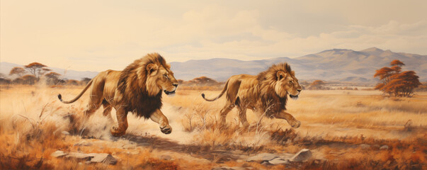 Wild lions running fast.