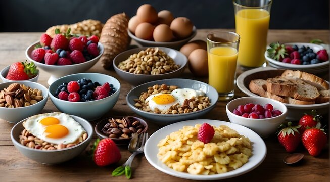 Huge healthy breakfast spread on a table, Indulge in a Vast and Wholesome Breakfast Spread, Explore a Table Laden with Healthy Fare, A Plentiful and Healthy Breakfast Spread Awaits