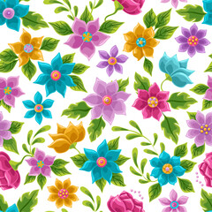 Adobe IllusWonderland floral seamless pattern. Bright colored flowers and leaves. daisies, buttercups, marigold sand others. Texture for fabric, wallpaper, printtrator Artwork - 758981429