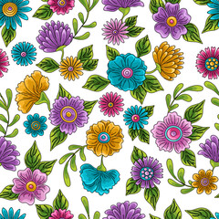 Adobe IlWonderland floral seamless pattern. Bright colored flowers and leaves. daisies, buttercups, marigold sand others. Texture for fabric, wallpaper, printlustrator Artwork