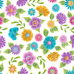 Adobe IllWonderland floral seamless pattern. Bright colored flowers and leaves. daisies, buttercups, marigold sand others. Texture for fabric, wallpaper, printustrator Artwork - 758981435