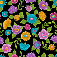 Adobe IlWonderland floral seamless pattern. Bright colored flowers and leaves. daisies, buttercups, marigold sand others. Texture for fabric, wallpaper, printlustrator Artwork - 758981446