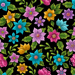 Adobe IllustratWonderland floral seamless pattern. Bright colored flowers and leaves. daisies, buttercups, marigold sand others. Texture for fabric, wallpaper, printor Artwork