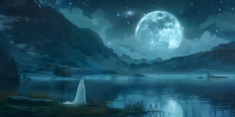 Raamstickers Fantasy landscape with a lake trees clouds and full moon Moonlight Starry sky Fairytale Night ,A full moon over the ocean with a mountain in the background.  © muhammad