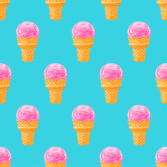 Pink strawberry ice cream . Seamless pattern on blue background. Texture for fabric, wrapping, wallpaper. Decorative print.	
