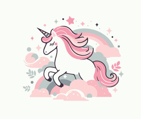 Illustration of a cute unicorn jumping over clowds