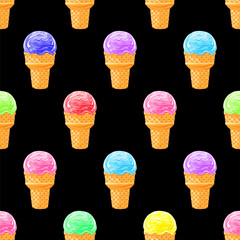 color fruits ice cream seamless pattern on black background	 - 758981626