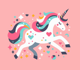 Illustration of a cute unicorn jumping surownded of hearts and stras