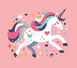 Illustration of a cute unicorn jumping surownded of hearts and stras