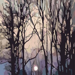 Sunset and trees in forest in wintertime - abstract graphic in pastel colors. Topics: vegetation, pattern, image, nature, environment, weather, climate, winter
