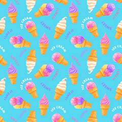 color fruits ice cream seamless pattern on blue background	 - 758981680