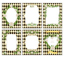 Set of Wonderland cards.   White roses, flower frame, background. vector illustration	