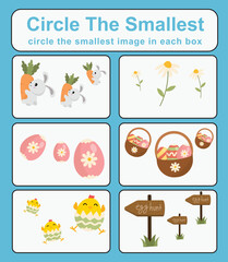 Fototapeta na wymiar Circle the smallest worksheet. Learning about comparison. Printable activity page for kids. Educational children game. 