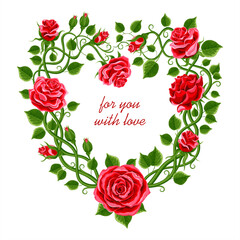 red roses on white background, flower heart frame. vector illustration	

