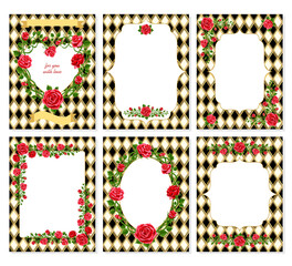 Set of Wonderland cards.   Red roses , flower frame, background. vector illustration	 - 758981820