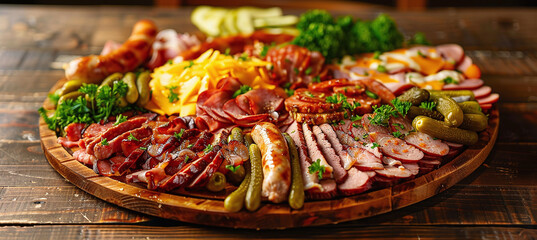 Fototapeta premium Wooden platter with a variety of delicious meats, including sausage and chicken. The plate also includes green peppers, pickles, cheese and slices of ham.