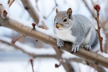 Schilderijen op glas A squirrel perched on a tree branch, holding a walnut and looking surprised. © Наталья Бойко