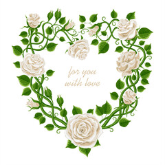 white roses on white background, flower heart frame. vector illustration	 - 758981830