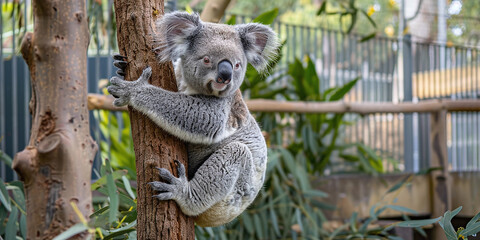 Koala sitting on a tree in a zoo enclosure