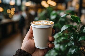 A close up shot of a disposable coffee cup without a logo in hand.