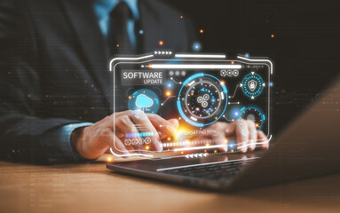 Update software system concept. Upgrade installation business app and software update process on...
