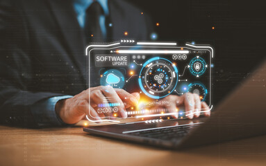 Update software system concept. Upgrade installation business app and software update process on computer laptop. User download install data function technology. Developer release new version security