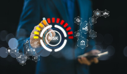 Businessman touch risk management. Assessment business investment concept. Plan matrix control technology. Internet network forecast evaluation, international financial security strategy background