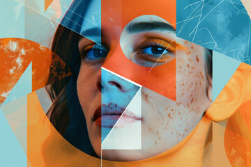 Contemporary Female Portrait with Abstract Elements. A close-up mixed media portrait of a woman with abstract geometric elements in vibrant orange and blue tones, exuding a youthful and artistic vibe.